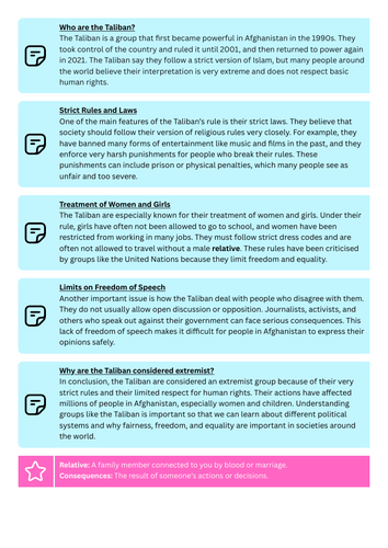 The Taliban Handout & Comprehension Worksheet (KS3)