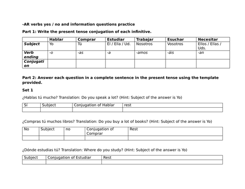 -AR verbs yes / no and information questions practice