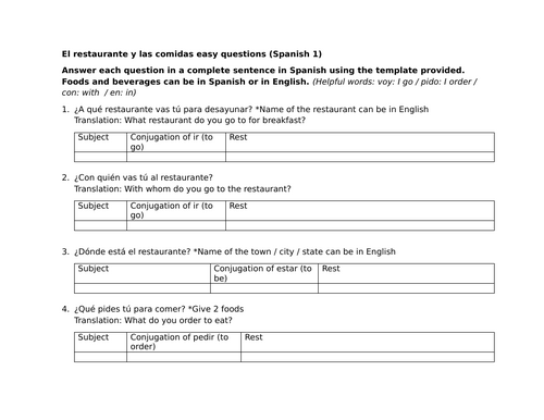 El restaurante y las comidas easy questions (Spanish 1)