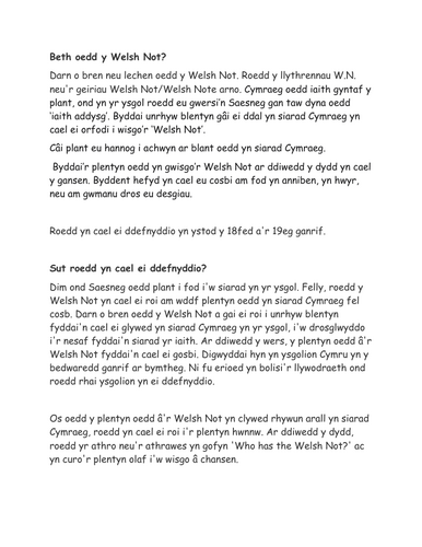"Beth oedd y Welsh Not?" ADNODD ATHRAWON BLWYDDYN 6
