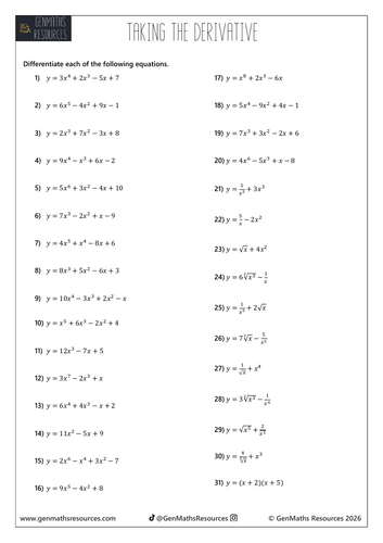 Introduction to Differentiation - Maths IGCSE Higher Worksheet