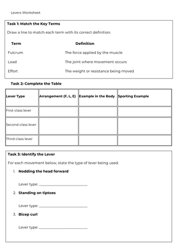 AQA GCSE PE- Levers Worksheet
