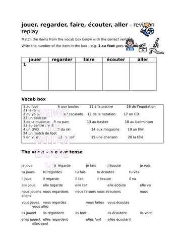 5 French hobby verbs and vocab sorting