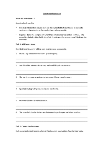 Semi-Colon Worksheet