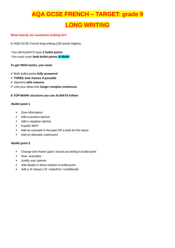 NEW AQA GCSE FRENCH – STUDENT GUIDE - LONG WRITING - TARGET: grade 9