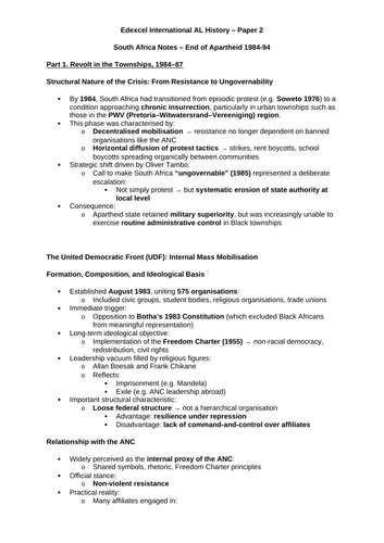 Edexcel AL IAL Pp2D - South Africa 1984-2014 Summary Notes