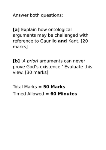 A-Level RS: 2020 Ontological Argument Past Paper Plan + Model - Eduqas Philosophy