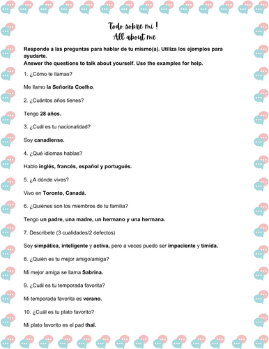 Spanish 20 questions (All about me activity) - (Todo sobre mi!)