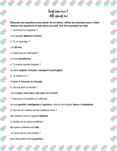 French 20 questions (All about me activity) - (Tout sur moi !)