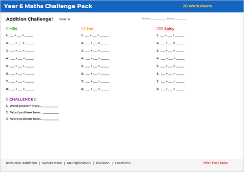 Year 6 Maths Challenge Pack | 4 Operations + Fractions | 20 Worksheets