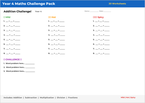 Year 4 Maths Challenge Pack - 4 Operations and Fractions - 20 Worksheets