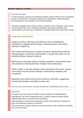 Kayo Chingonyi Poetry: Curfew Revision Notes and Questions