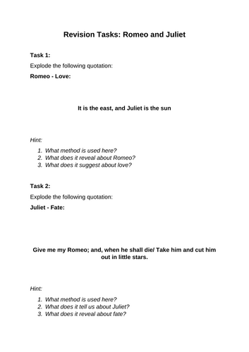 Revision Tasks: Romeo and Juliet