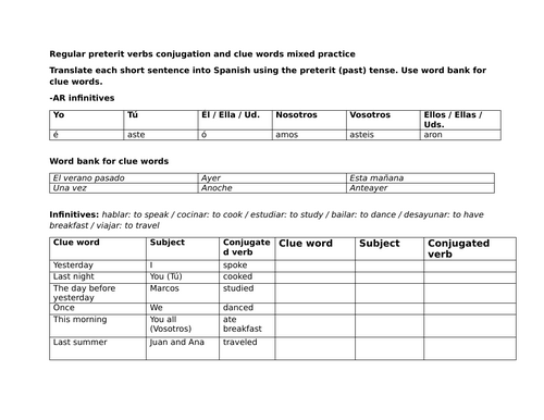Regular preterit verbs conjugation and clue words mixed practice