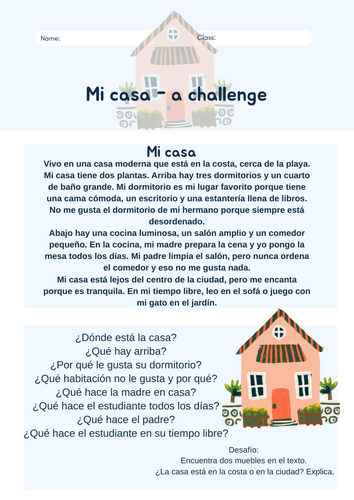 Y7Sp mi casa reading and writing