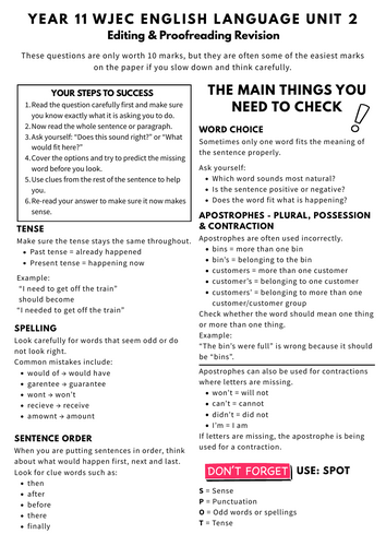 GCSE English Language Editing & Proofreading Revision Pack | WJEC Unit 2 | Year 11 Exam Practice