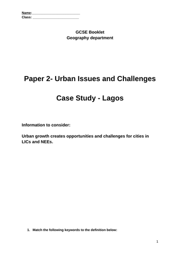 AQA Geography P2- Urban- Lagos case study work booklet.