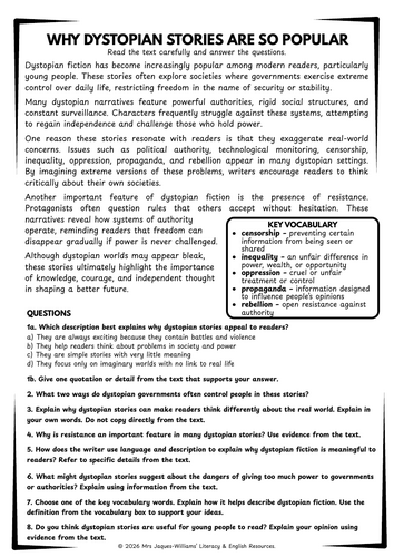 KS3 Dystopia Comprehension Pack (Year 9) – 8 Texts, Hunger Games, Divergent & Maze Runner Links
