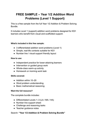 FREE SAMPLE - Addition Word Problems