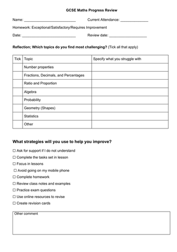 GCSE Maths Progress Review Chart