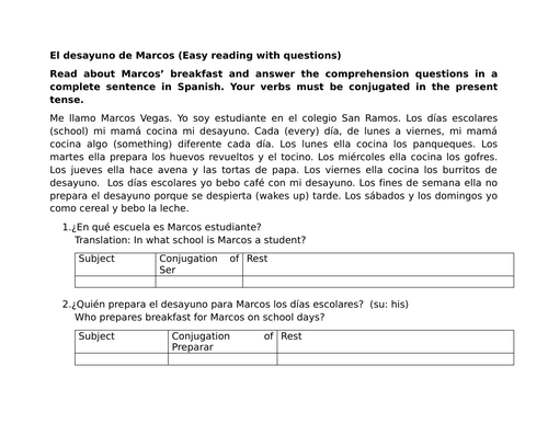 El desayuno de Marcos (Easy reading with questions)