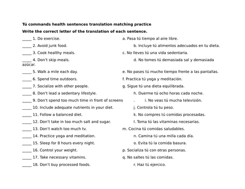 Tú commands health sentences translation matching practice