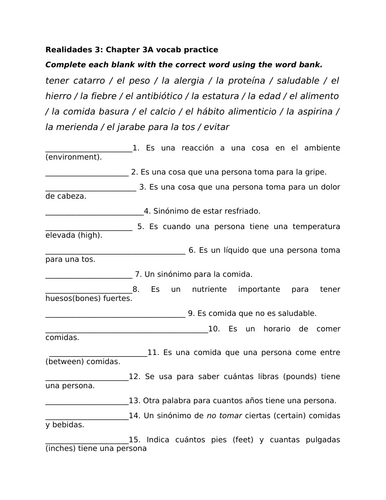 Realidades 3: Chapter 3A vocab practice