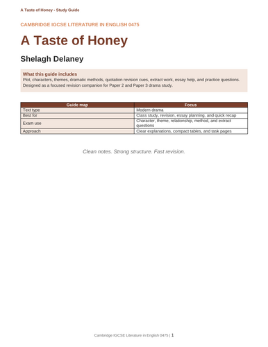 A focused 50-page study guide for Shelagh Delaney’s A Taste of Honey for Cambridge IGCSE / O Level L