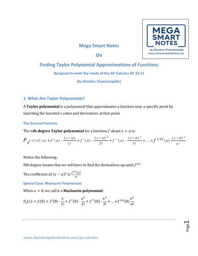 Taylor Polynomial Approximations – Mega Smart Notes (AP Calculus BC Unit 10.11)