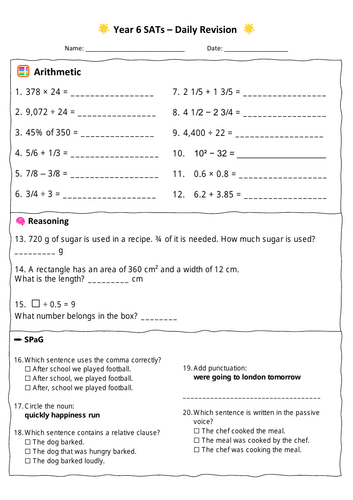 Year 6 SATs Morning Starter | Daily Revision Sheet for Arithmetic, Reasoning & SPaG
