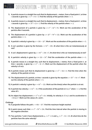 Differentiation Application to Mechanics (Kinematics) - Maths IGCSE Higher Worksheet