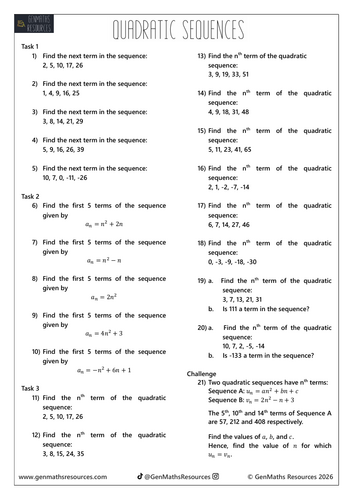 Quadratic Sequences - Maths GCSE Higher Worksheet