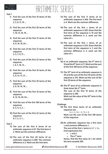 Arithmetic Series (Sum of Arithmetic Sequences) - Maths IGCSE Higher  Worksheet