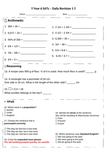 Year 6 SATs Morning Starter Revision | Arithmetic, Reasoning & SPaG | Set 1 (10 Sheets)