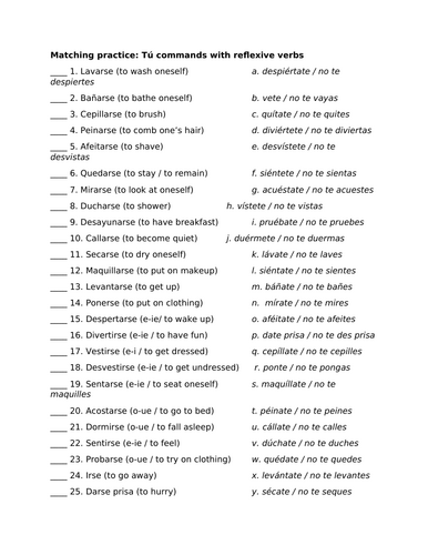 Matching practice: Tú commands with reflexive verbs