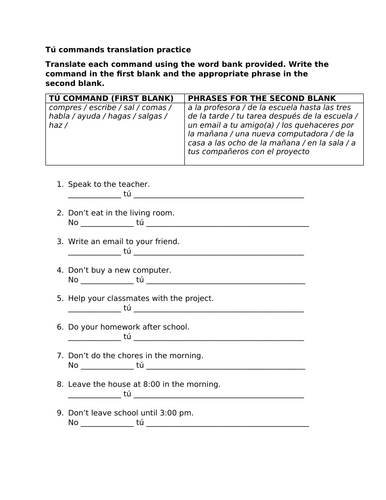 Tú commands translation practice
