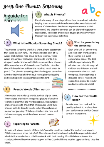 Year One Phonics Screening - A guide for Parents