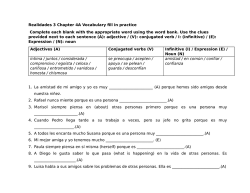 Realidades 3 Chapter 4A Vocabulary fill in practice