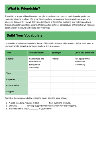 KS3 SEND vocab building worksheet // friendship