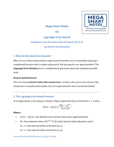 Lagrange Error Bound – Mega Smart Notes (AP Calculus BC Unit 10.12)