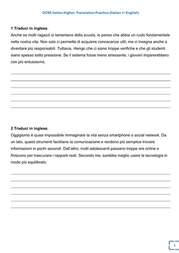 GCSE Italian Higher: Translation Practice (Italian ↔ English)