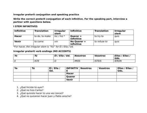 Irregular preterit conjugation and speaking practice