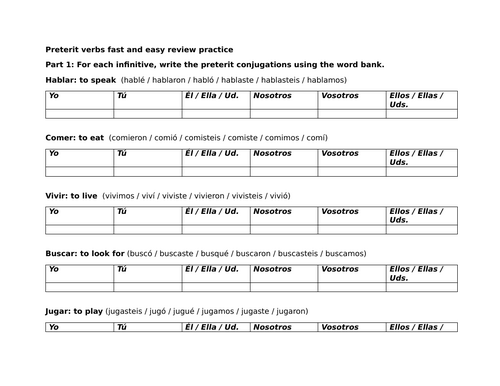 Preterit verbs fast and easy review practice