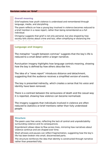 Kayo Chingonyi Poetry: Grief revision Notes and Questions