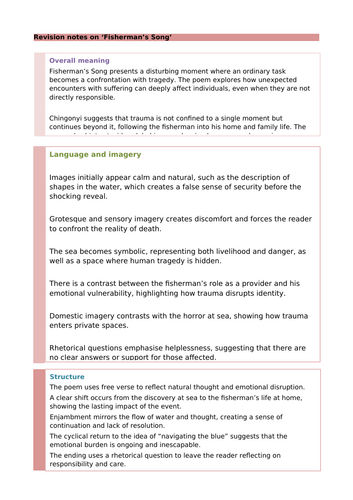 Kayo Chingonyi Poetry: Fisherman's Song Revision Notes and Questions