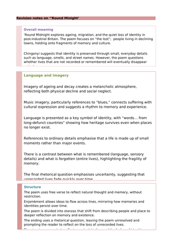 Kayo Chingonyi Poetry: 'Round Midnight Revision Notes and Questions