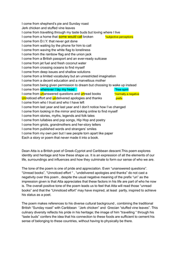 "I come from" poetry analysis: ENGLISH LANGUAGE AND LITERATURE GCSE