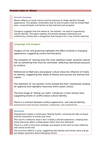 Kayo Chingonyi Poetry: Waves Revision Notes and Questions