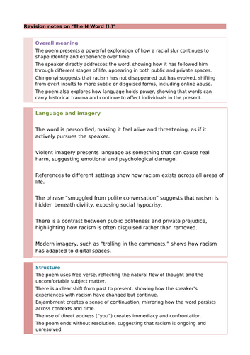 Kayo Chingonyi Poetry: The N Word (I.) Revision Notes and Questions