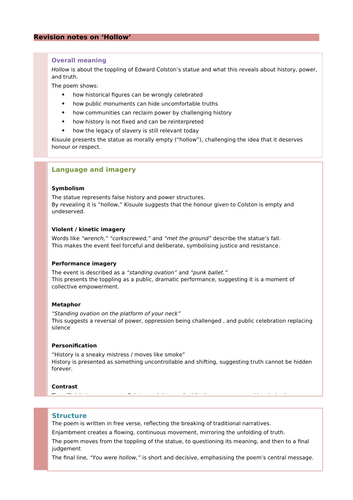 'Hollow' by Vanessa Kisuule: Revision Notes and Questions